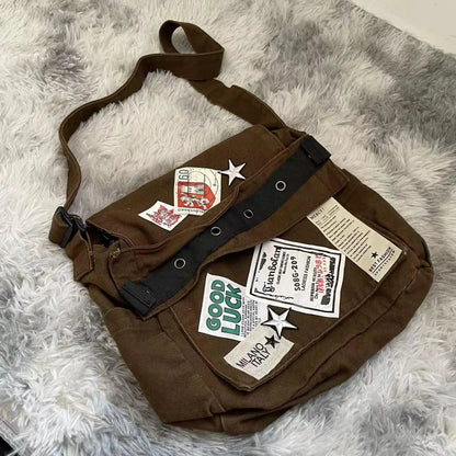 Y2K Canvas Messenger Bag – Punk Patchwork Star Crossbody Bag