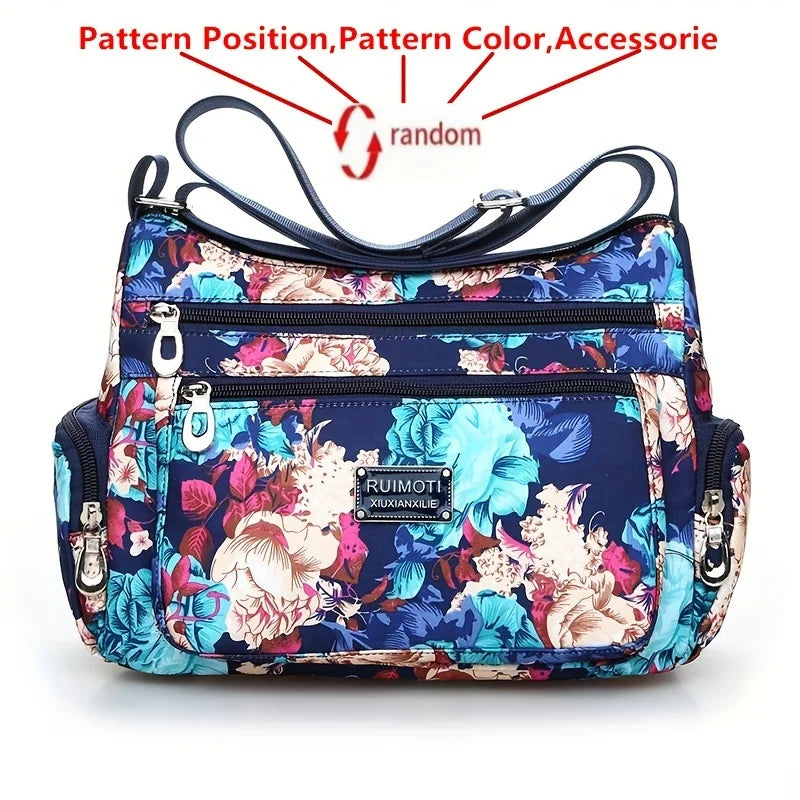 Floral Crossbody Bag for Women – Multi-Pocket Nylon Shoulder Bag