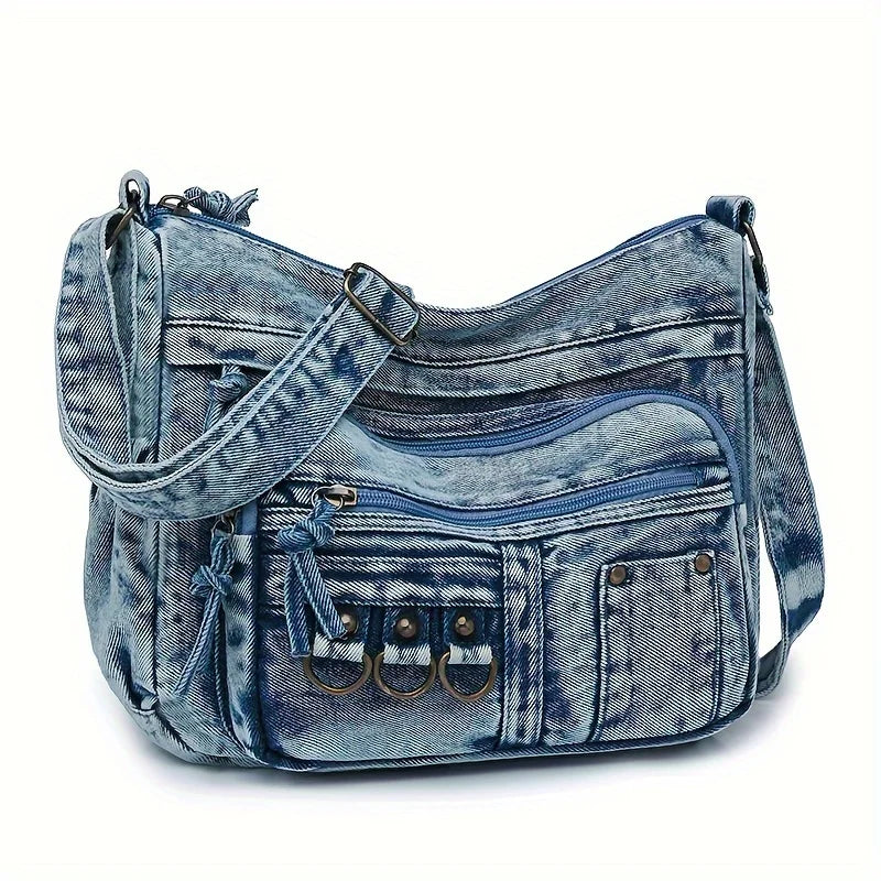 Denim Shoulder Bag for Women – Vintage Washed Multi-Pocket Crossbody