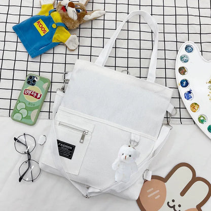 Cute Canvas Tote Bag with Bear Charm – Large Capacity Shoulder Bag