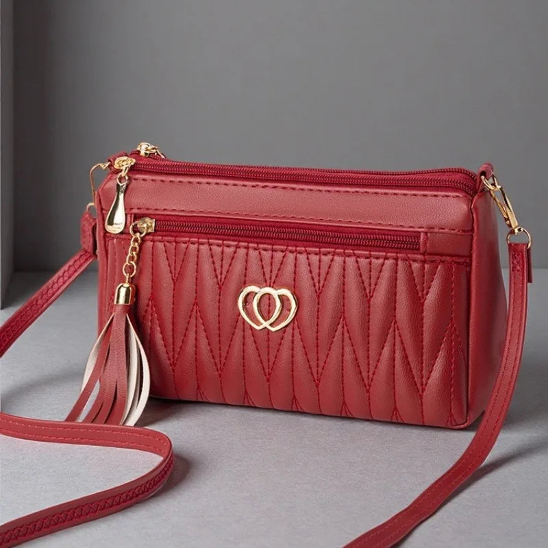 Quilted Crossbody Bag Double Heart Tassel Pendant Multi Zipper Pockets Shoulder Purse Adjustable
