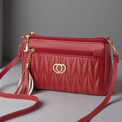 Quilted Crossbody Bag Double Heart Tassel Pendant Multi Zipper Pockets Shoulder Purse Adjustable