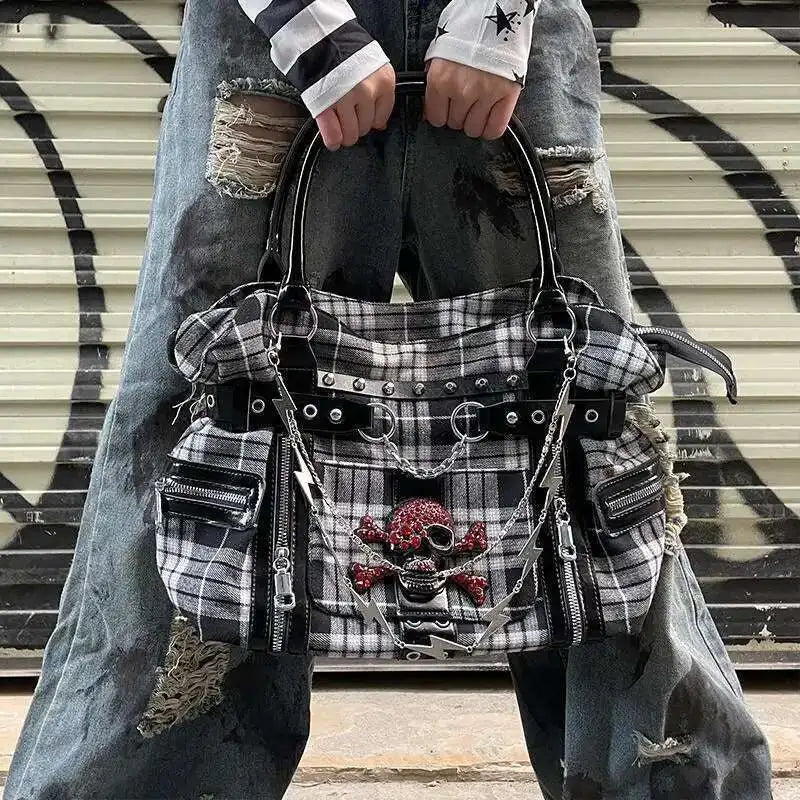 Plaid Canvas Shoulder Bag – Y2K Harajuku Large Handbag