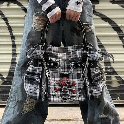 Plaid Canvas Shoulder Bag – Y2K Harajuku Large Handbag