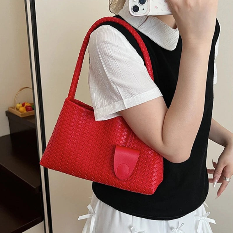 Woven Leather Shoulder Bag – Retro Braided Handle Tote