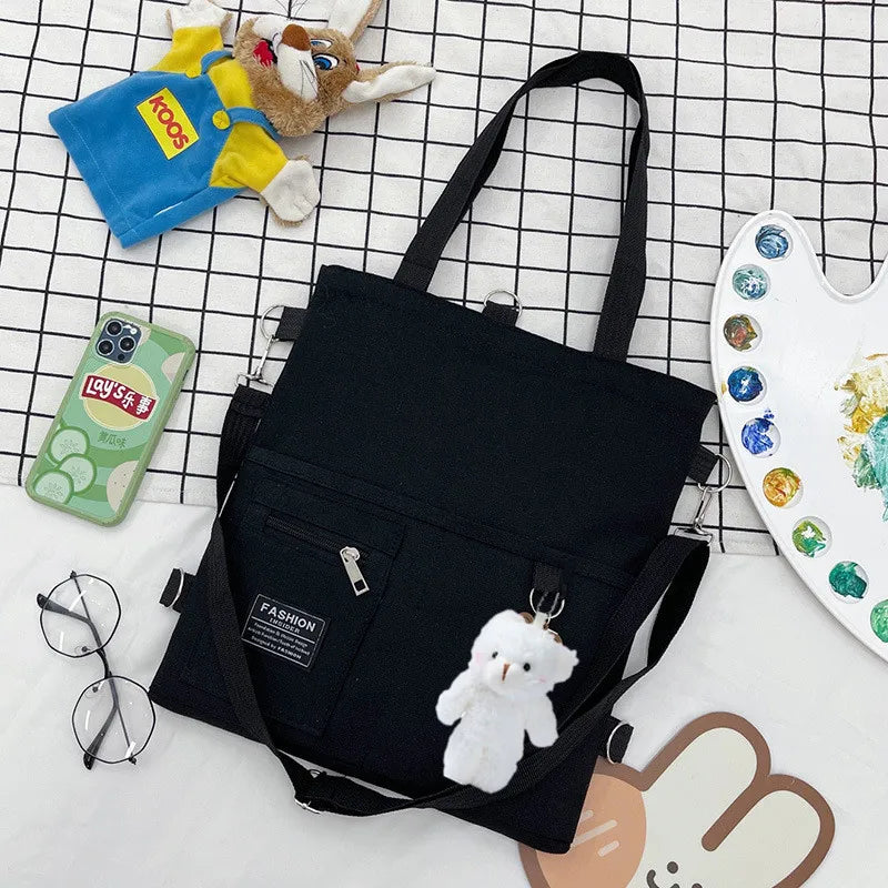 Cute Canvas Tote Bag with Bear Charm – Large Capacity Shoulder Bag