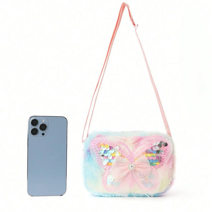Children S Girl Pink Butterfly Cartoon Printed Crossbody Bag Kawaii Colorful Plush Outing