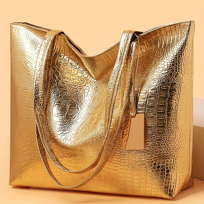 Large Capacity Tote Bag for Women – Croc-Embossed Shoulder Bag with Zipper