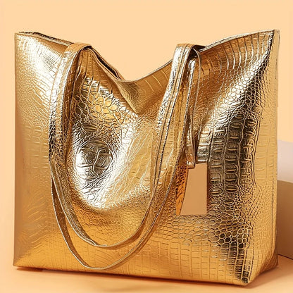 Large Capacity Tote Bag for Women – Croc-Embossed Shoulder Bag with Zipper