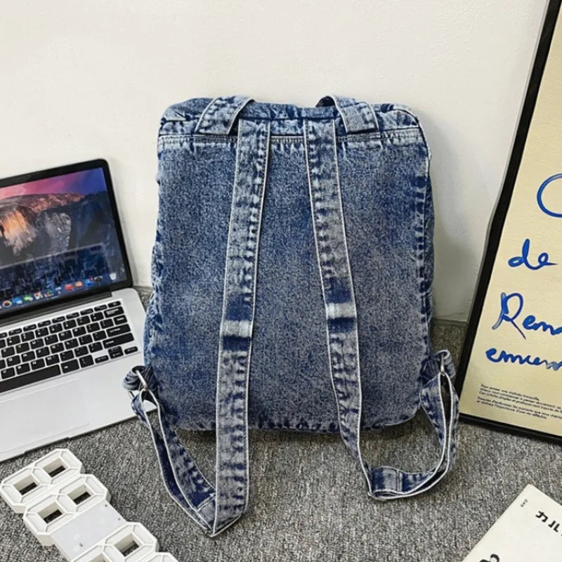 Retro Travel School Bag Students Daily Commute Vintage Washed Denim Backpack