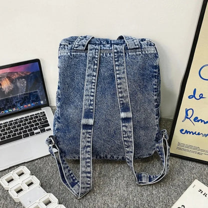 Retro Travel School Bag Students Daily Commute Vintage Washed Denim Backpack