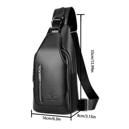 Business Casual Men Chest Bag Usb Port Multi-Pocket Pu Stitched Luster Zipper Shoulder Commute