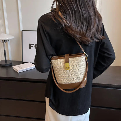 Straw Crossbody Bag – Woven Bucket Shoulder Purse with Gold Lock