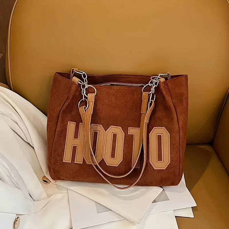 Letter Patch Suede Tote Bag – Vintage Women's Shoulder Handbag with Zipper