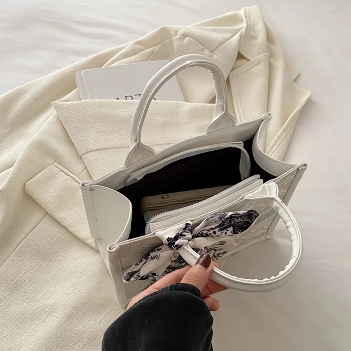 Chic Embroidered Handbag Silk Scarf Bow Women Tote Bag Pu Leather Letter Underarm Commute Shopping
