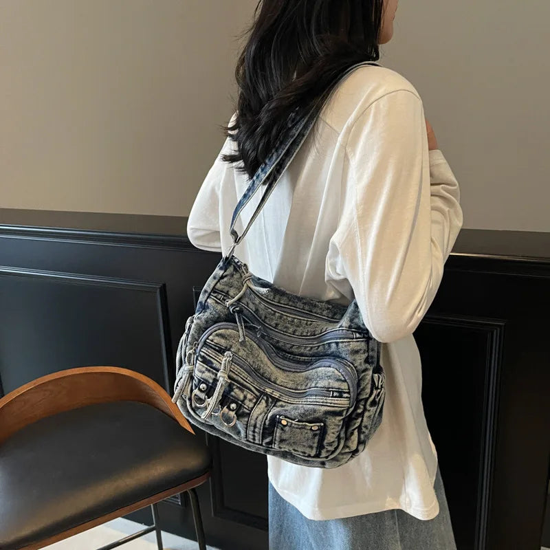 Denim Shoulder Bag for Women – Vintage Washed Multi-Pocket Crossbody