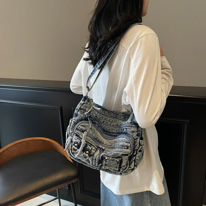 Denim Shoulder Bag for Women – Vintage Washed Multi-Pocket Crossbody
