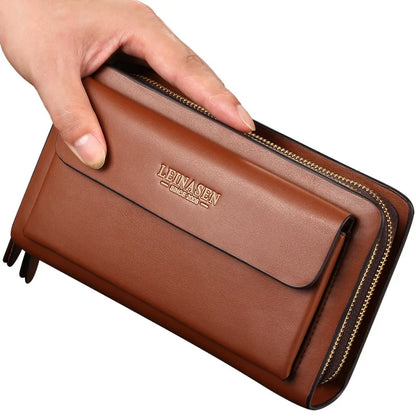Commuter Male Business Double Zipper Handhold Soft Leather Long Large Capacity Mobile Phone Wallet