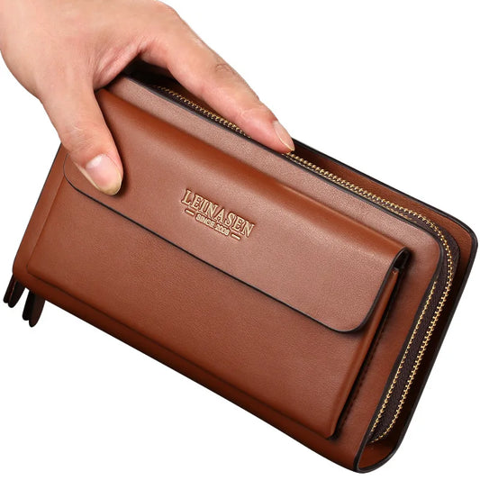 Commuter Male Business Double Zipper Handhold Soft Leather Long Large Capacity Mobile Phone Wallet