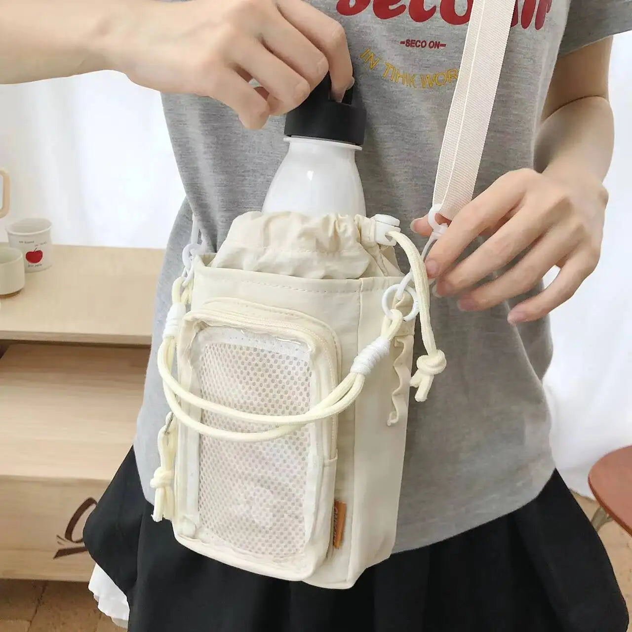 Water Bottle Crossbody Bag – Drawstring Shoulder Bag with Clear Pocket