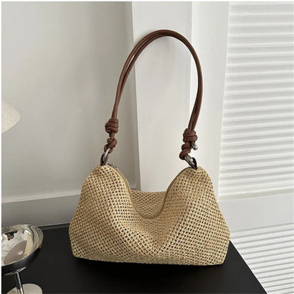 Straw Woven Shoulder Bag with Leather Handle – Women's Boho Handbag