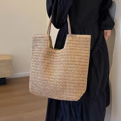 Chic Straw Tote Bag Women Large Capacity Handbag Fashionable Woven Shoulder Zip Closure