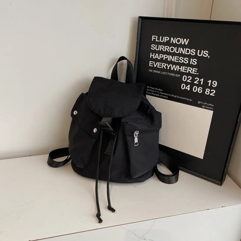 Mini Drawstring Flap Backpack Water-Resistant for Women