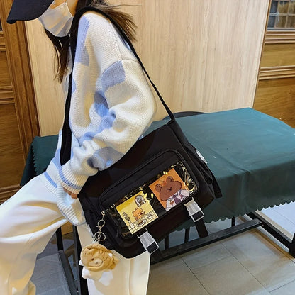 Kawaii Nylon Crossbody Bag Clear Pocket Front Shoulder Bag Student Flap Messenger Bag
