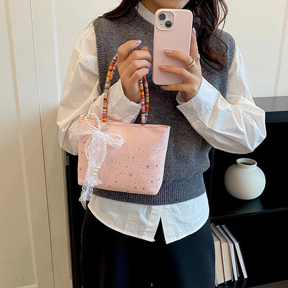 Cute Star Print Mini Handbag Women Lace Bow Decor Beaded Handle Small Tote Bag Sweet Y2k Girls Daily