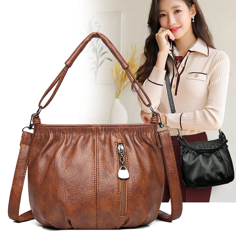 Retro Leather Shoulder Bag for Women – Multi-Layer Tote