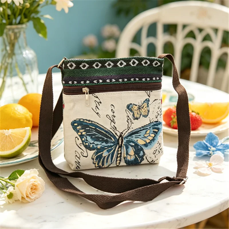 Bohemian Canvas Crossbody Bag – Ethnic Print Zipper Purse