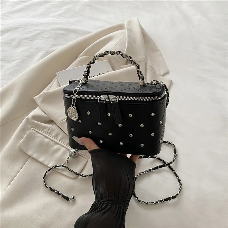 Quilted Mini Box Handbag Metal Chain Top Handle Crossbody Purse Camellia Charm