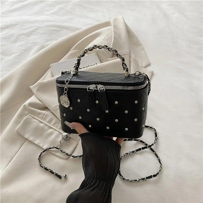 Quilted Mini Box Handbag Metal Chain Top Handle Crossbody Purse Camellia Charm