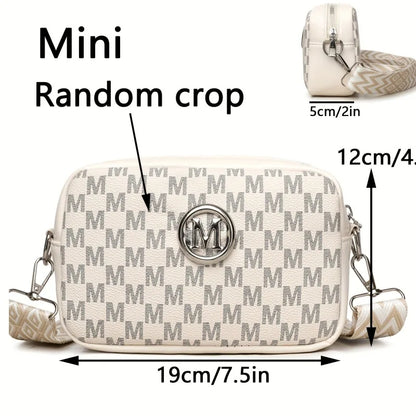 Women's PU Leather Crossbody Bag with M Logo Badge & Wide Strap