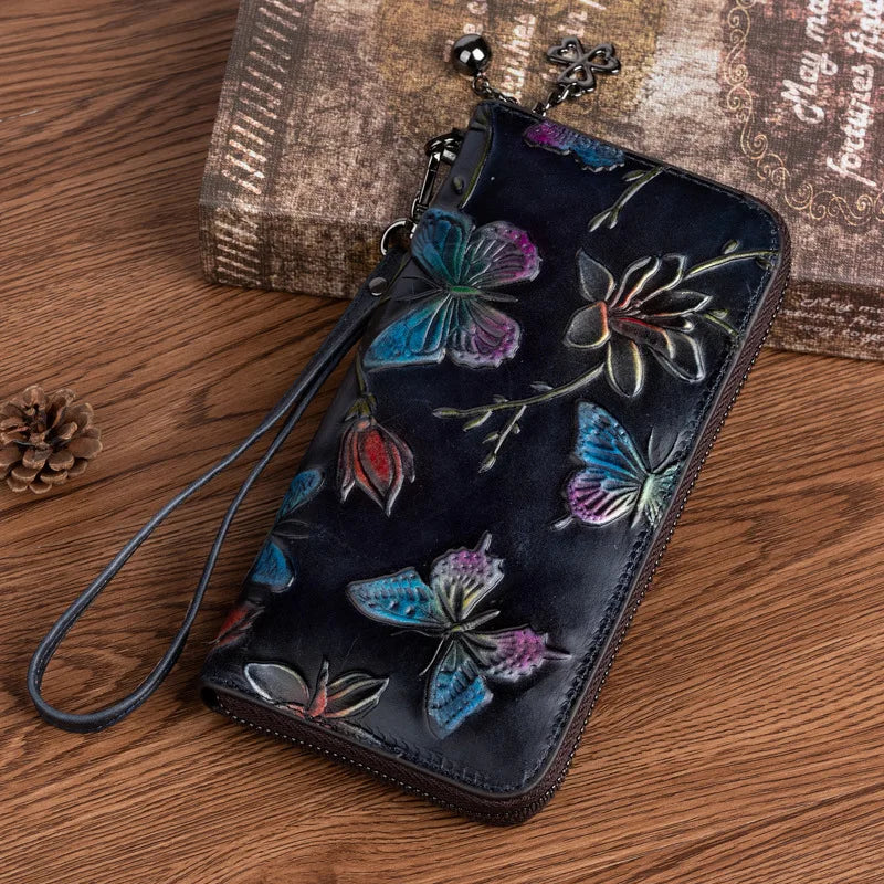 First Layer Cowhine Female Chinese Wind Pressure Flower Wipe Color Long Retro Large Capacity Mobile