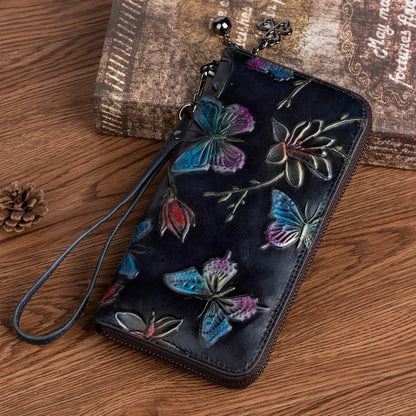 First Layer Cowhine Female Chinese Wind Pressure Flower Wipe Color Long Retro Large Capacity Mobile