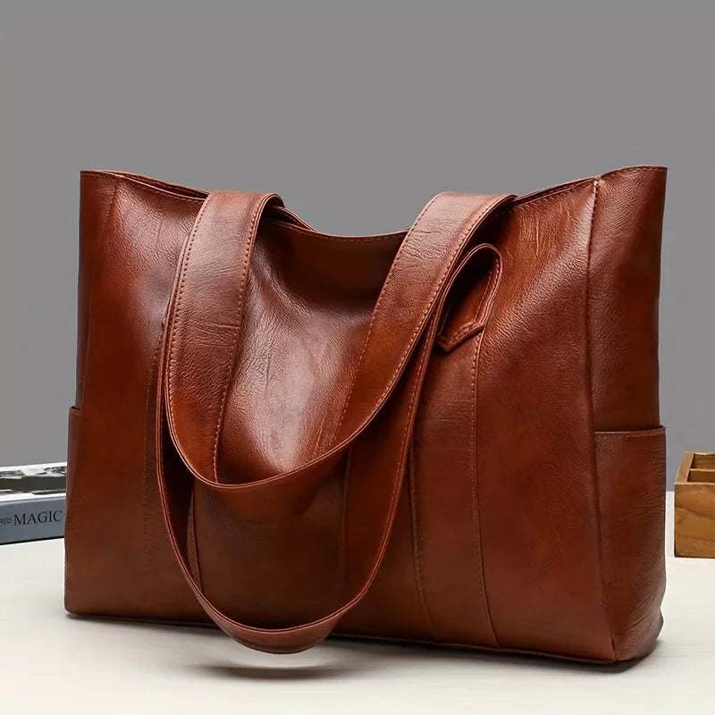 Large PU Leather Tote Bag with Zipper & Double Handles