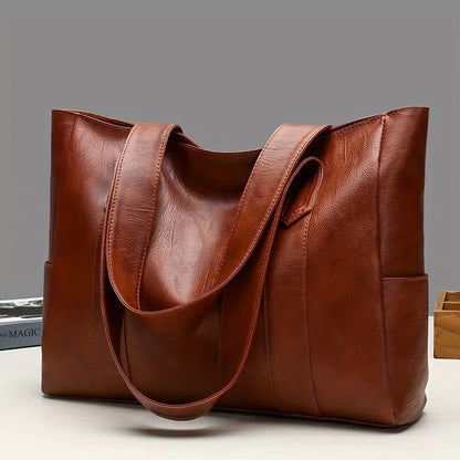 Large PU Leather Tote Bag with Zipper & Double Handles