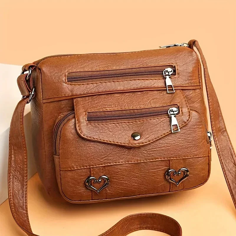 Multi-Pocket Leather Crossbody Bag for Women
