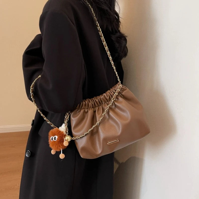 Ruched Woman Crossbody Bags Cute Fluffy Monster Bag Charm Two Tone Metal Chain Strap Faux Leather