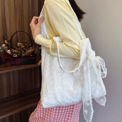 Floral Lace Tote Bag for Women – Soft White Shoulder Bag with Bow