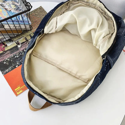 Lazy Cowboy Schoolbag Student Shoulder Wash Retro Stitching Large Capacity Backpack