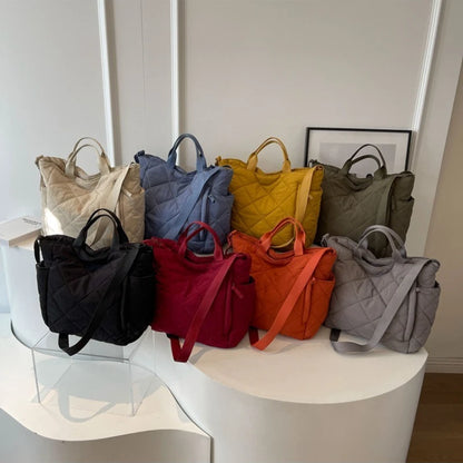 Quilted Nylon Tote Bag – Detachable Strap Multi-Pocket Shoulder Bag