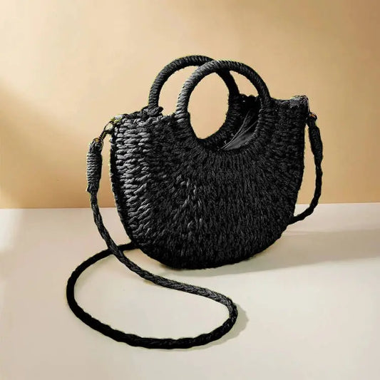 Woven Straw Beach Bag – Bohemian Half-Moon Tote for Women