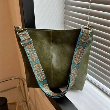 Stylish Beige Leather Tote Bag Decorative Printed Wide Strap Crossbody Bag Work Commute Large