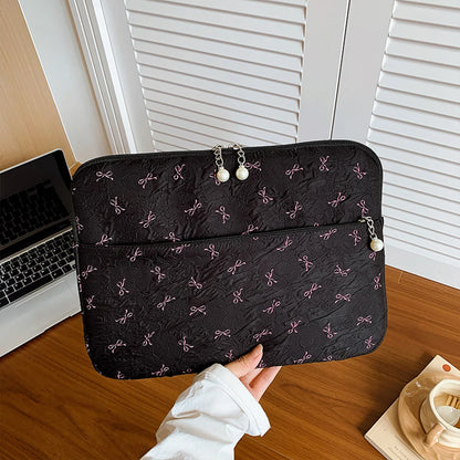 Minimalist Casual Crinkle Bow Laptop Bag Pearl Zipper Oxford Briefcase Soft Shockproof Multi-Size