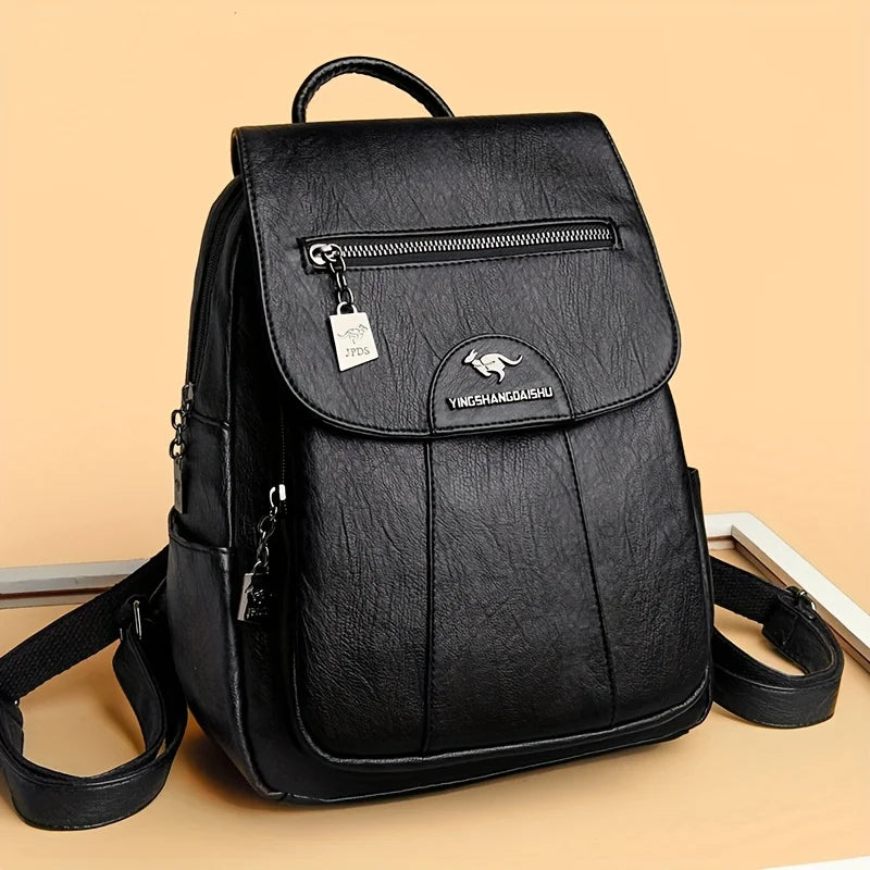 Faux Leather Women's Backpack – Large Capacity Casual Flap Bag