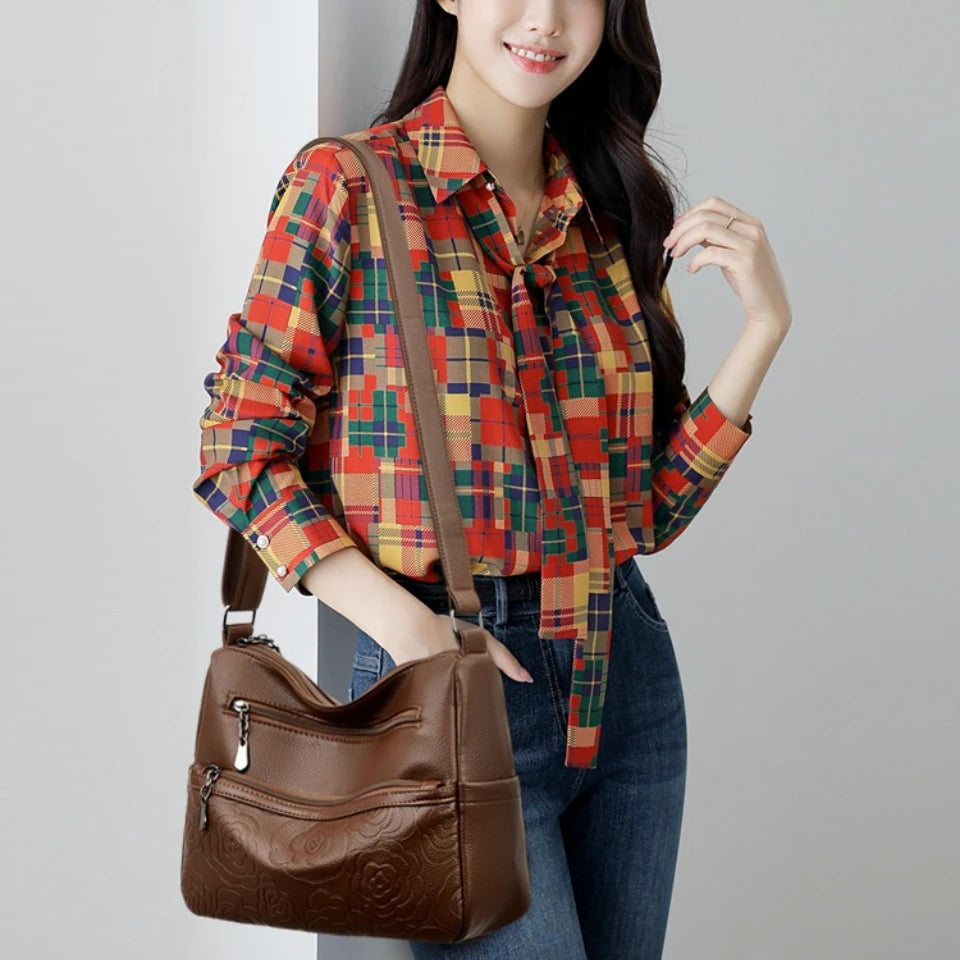 Embossed Floral Crossbody Bag for Women – Multi-Pocket