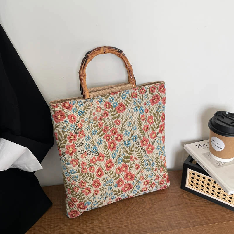 Vintage Artistic Embroidery Floral Pattern Shoulder Bag Bamboo Handle Women Tote Soft Fabric Handbag