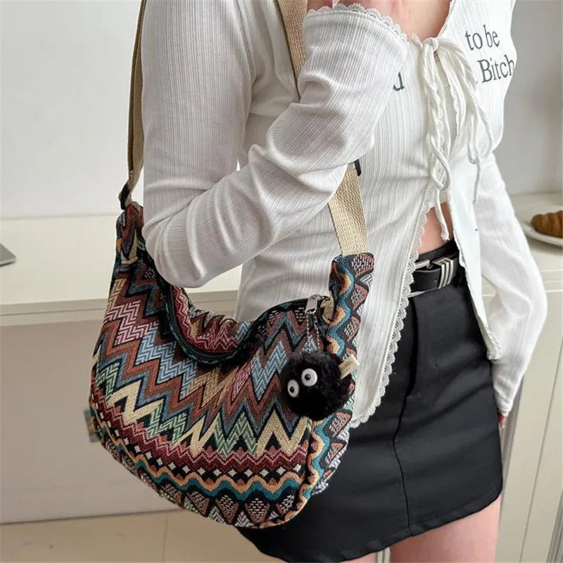 Boho Half Moon Crossbody Bag – Handwoven Colorful Pattern Shoulder Purse